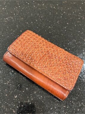 Cognac Basket-Weave Leather Trifold Wallet